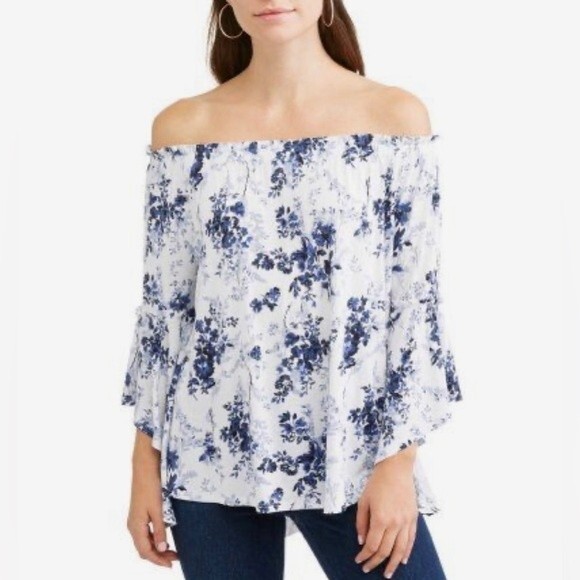 Off shoulder white and blue flutter sleeve floral top size small - Picture 2 of 6